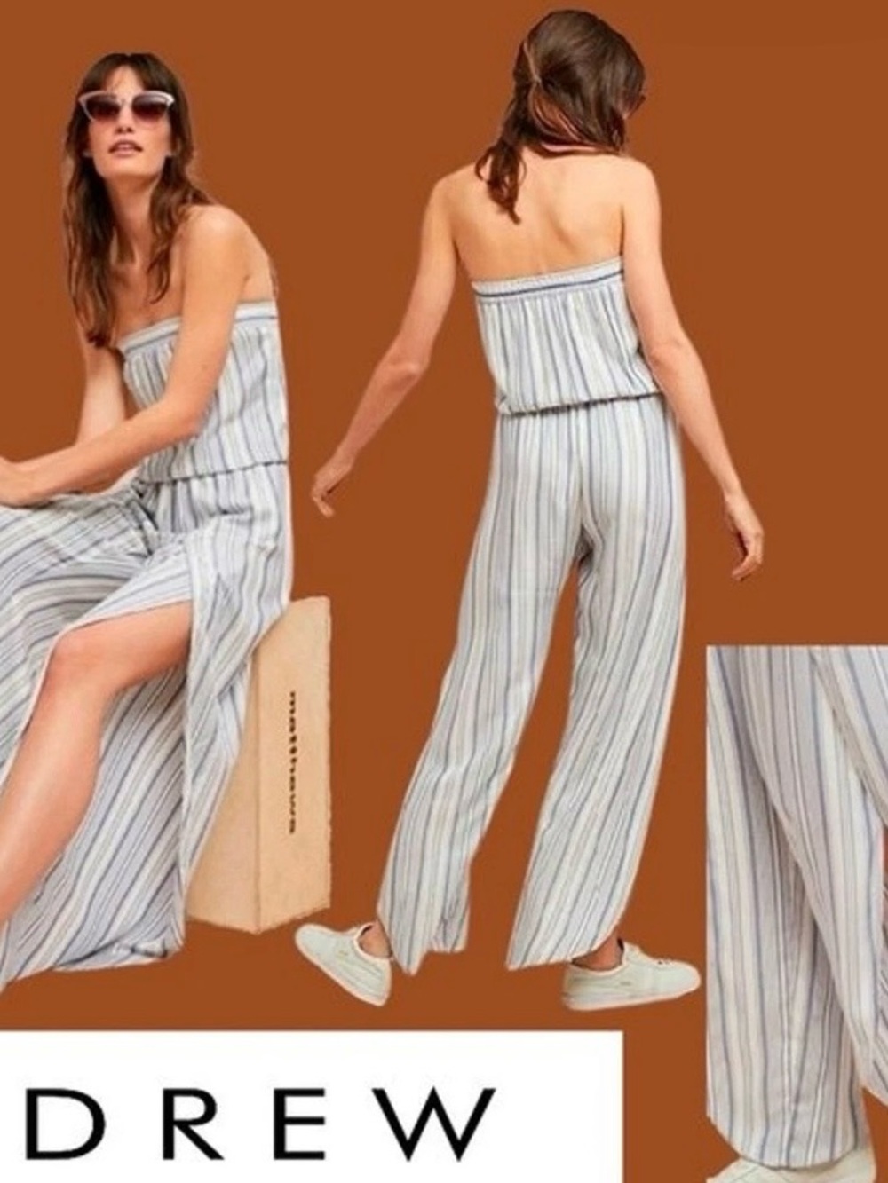 DREW Strapless White and Blue Vertical-Stripe Jumpsuit size XS